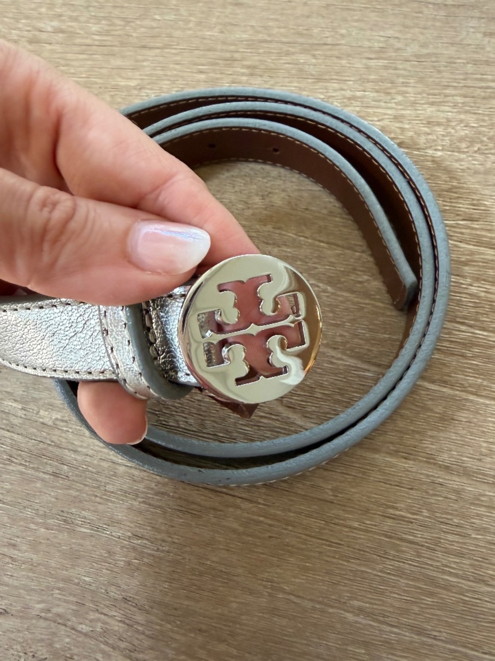 Tory Burch Silver Buckle Silver Leather Women's Belt Size Medium NEW